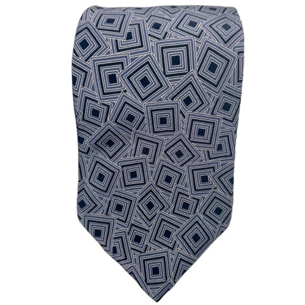 Polo Ralph Lauren Vintage Handmade Navy Blue White Geo Squares Silk Necktie Tie